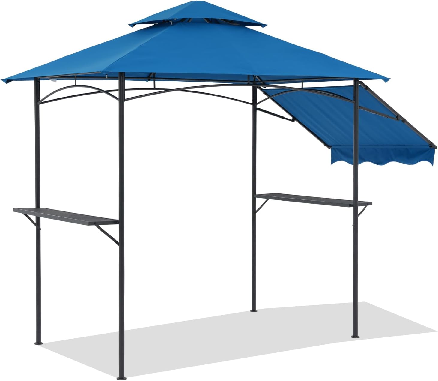 COBANA Grill Gazebo 8'x 5' Outdoor Patio Backyard BBQ Grill Shelter with Side Awning, Double Tiered Soft Canopy Top with Steel Frame and Bar Counters, Blue