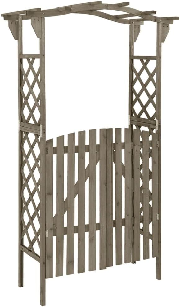 vidaXL Gray Pergola with Gate, Sturdy Solid Firwood and Pine Wood Garden Arch, Weather-Resistant Outdoor Decorative Structure, Rustic Farmhouse Style, Easy Assembly, Measurements: 45.7'x15.7'x80.3'.