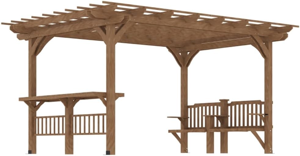 14 x 10 ft Wood Pergola with Bench Seat & Bar Table Quality Solid Wood Gazebo Pavilion for Backyard Deck Patio Outdoor Large Pergola Grape Trellis Grill Gazebo, Snow and Wind Supported