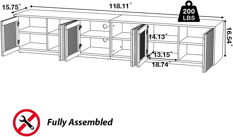 POVISON Full Assembled Mid Century Modern TV Stand, 118' Extra-Large Entertainment Center for 100 inch TV, Wood Slatted TV Media Console with Storage for Living Room Bedroom