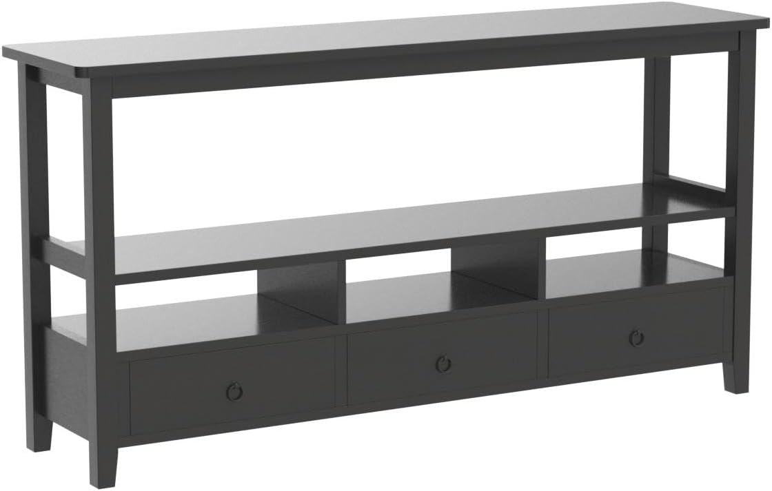 Karl home Console Table with 3 Bottom Drawers, 57.9' W Sofa Side Table Entryway Desk with 3 Storage Cubbies 1 Open Shelf, Vintage TV Stand for Hallway Living Room Office, Black 29.9' H