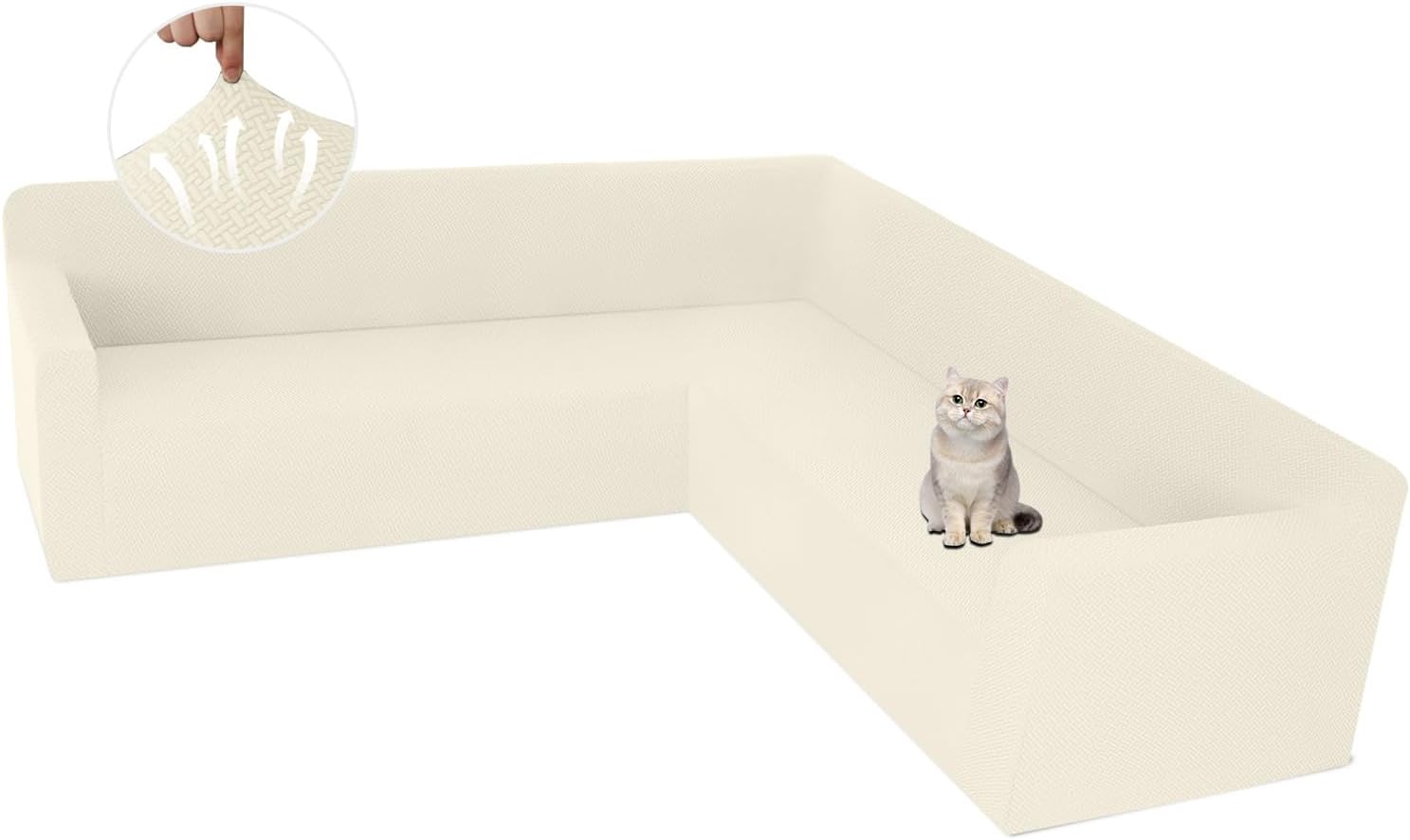 ALIECOM Stretch Corner Sectional Couch Covers L Shape Sofa Covers Washable Sectional Slipcovers U Shape Jacquard Living Room Pet Dogs Furniture Protector with Elastic Bottom (Beige, Large)