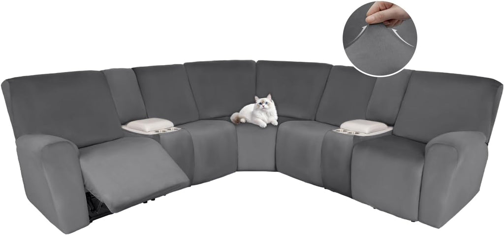 HDCAXKJ Reclining Sectional Couch Covers Velvet L Shaped Sectional Sofa Cover Washable Stretch Soft Corner Recliner Slipcover with Non-Slip Elastic Bottom (5 Seat and 2 Middle Console, Dark Gray)