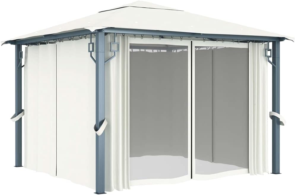 vidaXL Gazebo with Curtain - Aluminum Frame, Cream-Colored, Oxford Fabric Roof, Includes Side Curtains and Mesh Screens, Ideal for Outdoors, Dinners, BBQs, Gatherings