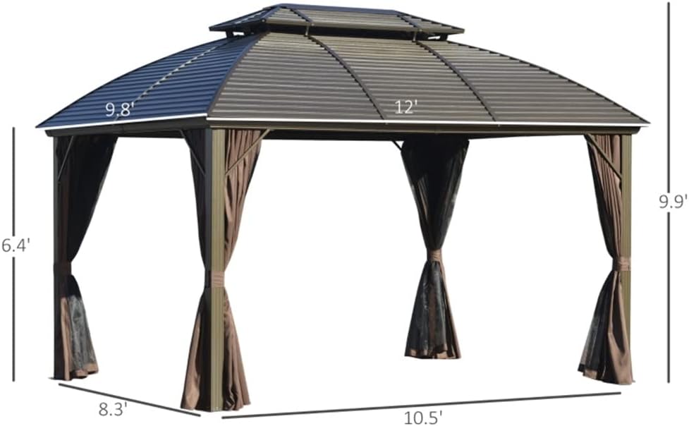 10x12 Hardtop Gazebo with Aluminum Frame, Metal Roof Gazebo Canopy with Curtains and Netting for Gardens, Patios