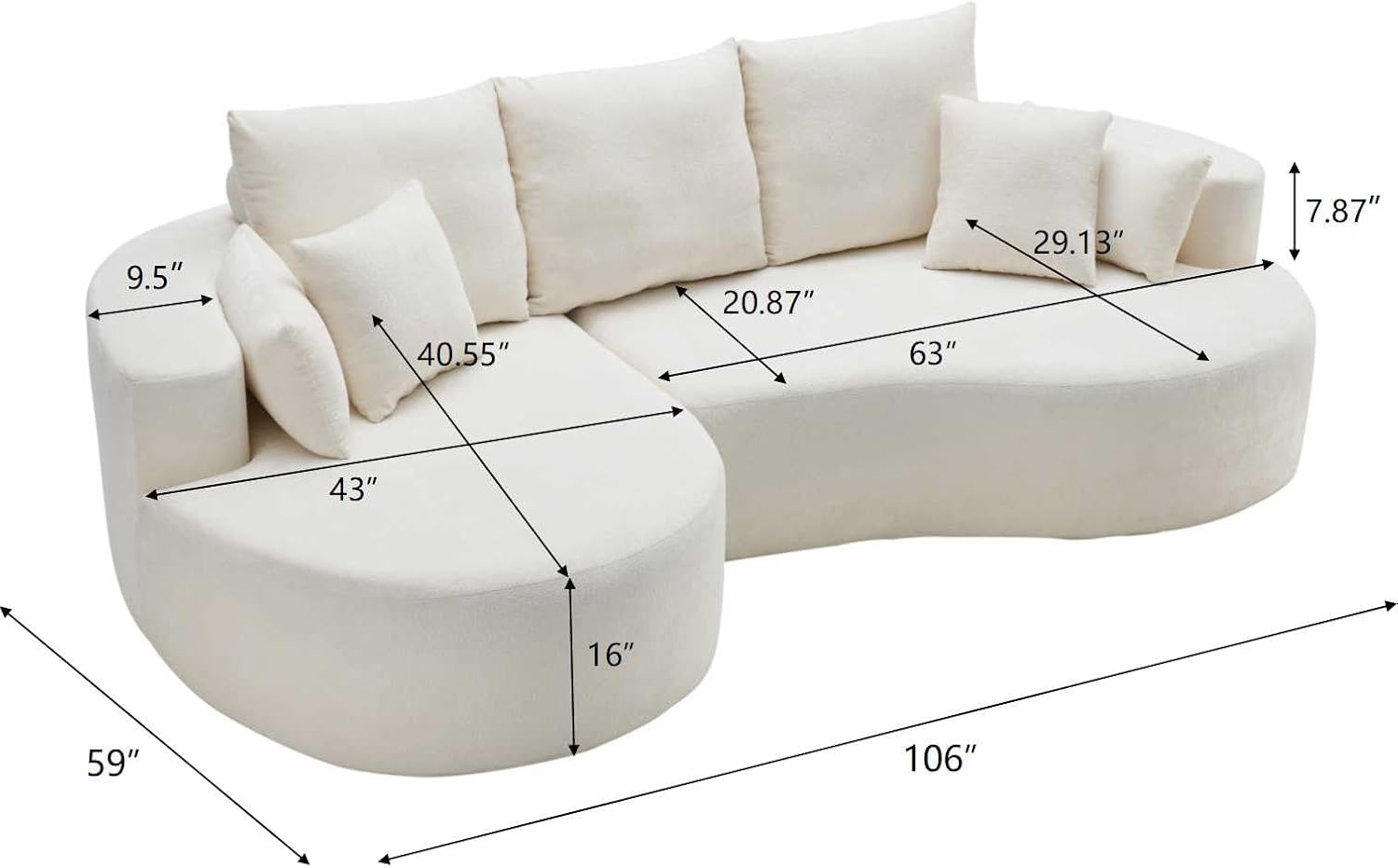 Christopher Knight Home Carden 106' Curved Modular Sectional Sofa, Comfy Sofa Couch with Chaise Lounge, Modern Cloud Couch with Deep Seat, Fabric Upholstered Seating Set for Living Room Bedroom, White