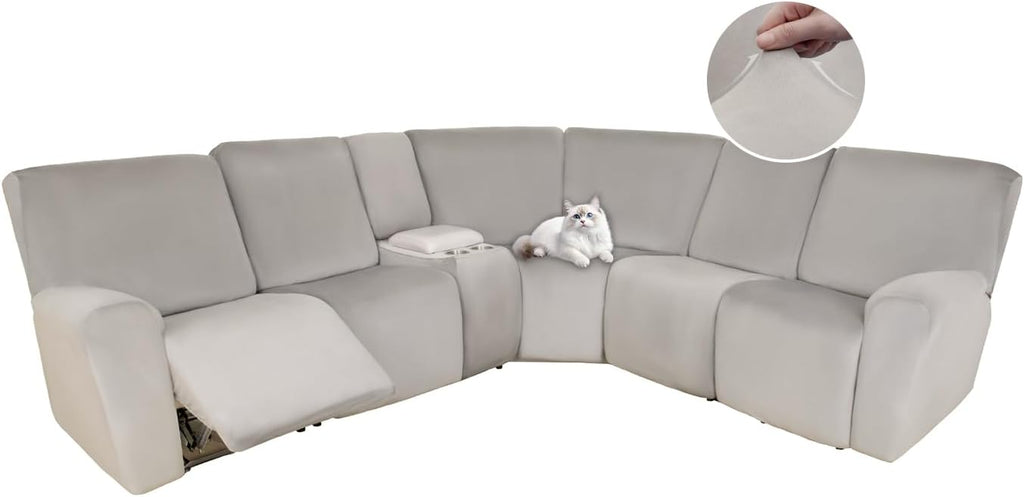 HDCAXKJ Reclining Sectional Couch Covers Velvet L Shaped Sectional Sofa Cover Washable Stretch Soft Corner Recliner Slipcover with Non-Slip Elastic Bottom (5 Seat and 1 Middle Console, Air Gray)
