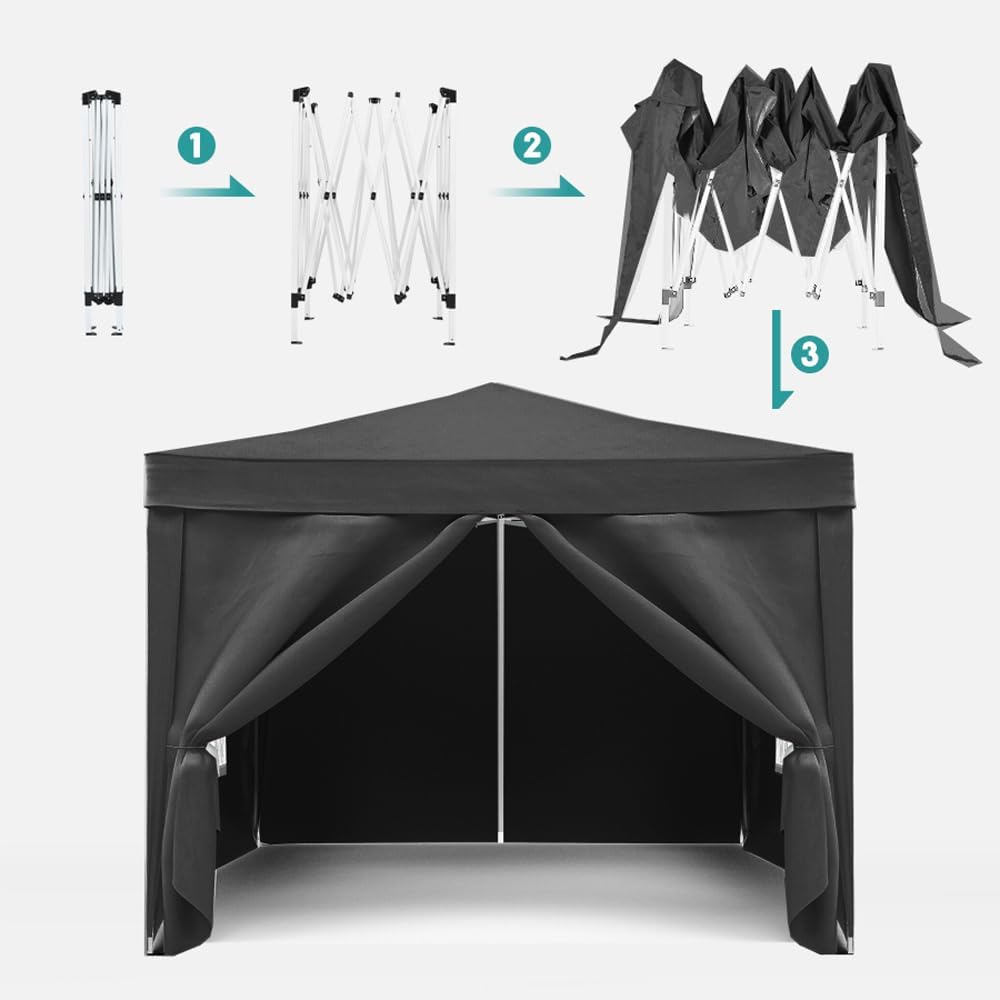 10x10 Pop Up Canopy with 4 Sidewalls Commercial Canopy Tent UPF 50+ All Weather Waterproof Outdoor Wedding Party Tent for Gazebo, Camping, Backyard Parties with Sand Bag, Black