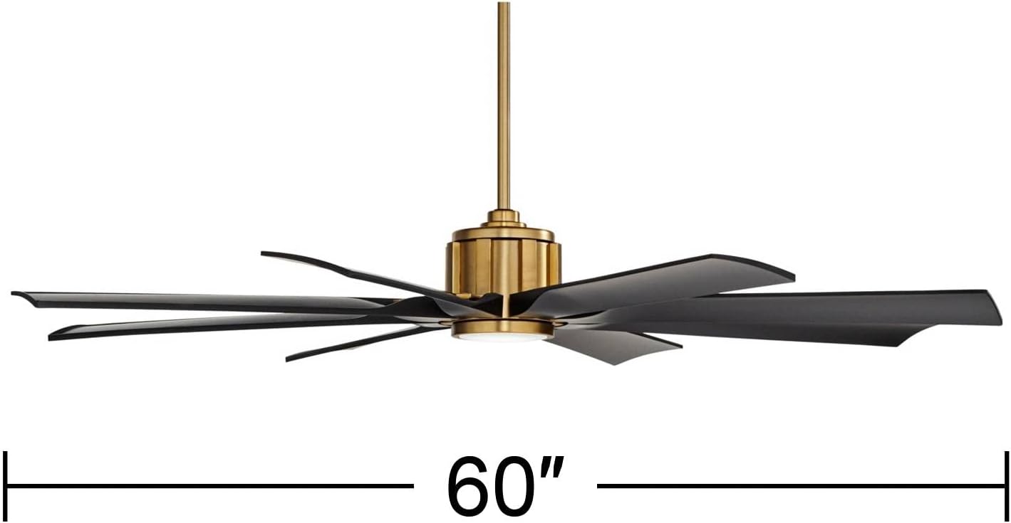 Possini Euro Design 60' Defender Modern Outdoor Ceiling Fan with LED Light Remote Control Soft Brass Matte Black Damp Rated for Patio Exterior House Home Porch Gazebo Garage Barn