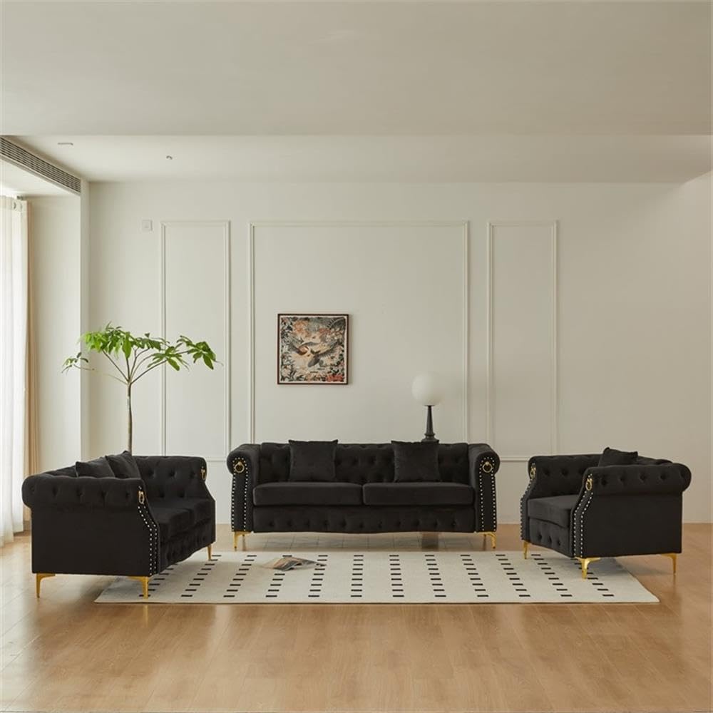 Pemberly Row 3-Piece Velvet Sofa Set, Black Upholstery with Gold Nailhead Trim, Includes Sofa, Loveseat, Armchair, Tufted Detailing, Rolled Arms, Gold Metal Legs, Living Room Furniture for Elegant