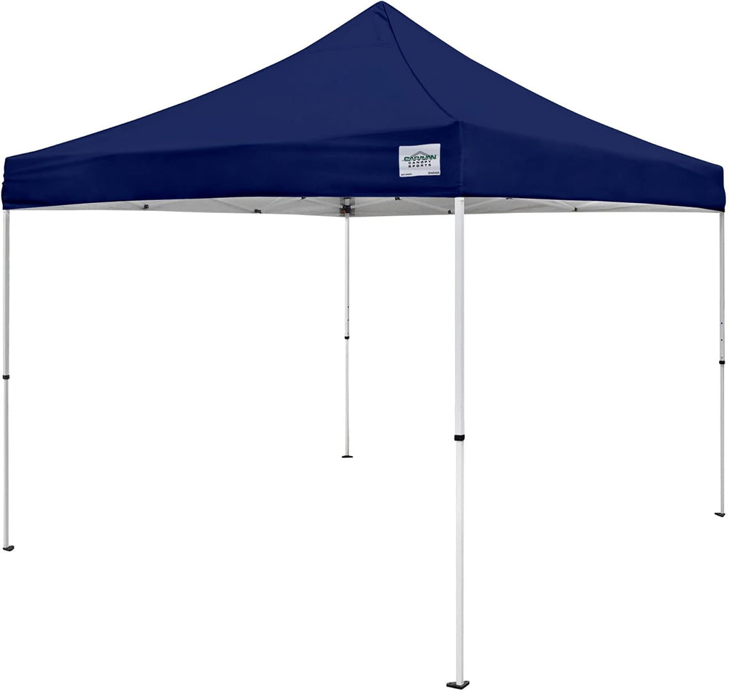Caravan Canopy M Series Pro 2 10 x 10 Foot Lightweight Steel Frame Shade Tent with Rising Truss System, Pull Pin Sliders, and Roller Bag, Navy Blue