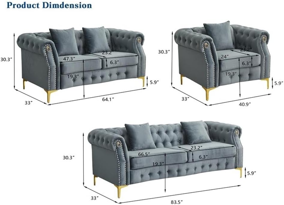 Pemberly Row 3-Piece Living Room Sofa Set, Velvet Upholstery, Gray with Golden Rivets, Includes Sofa, Loveseat, Armchair, Button Tufted, Nailhead Trim, Modern Chesterfield Style, Comfortable Seating