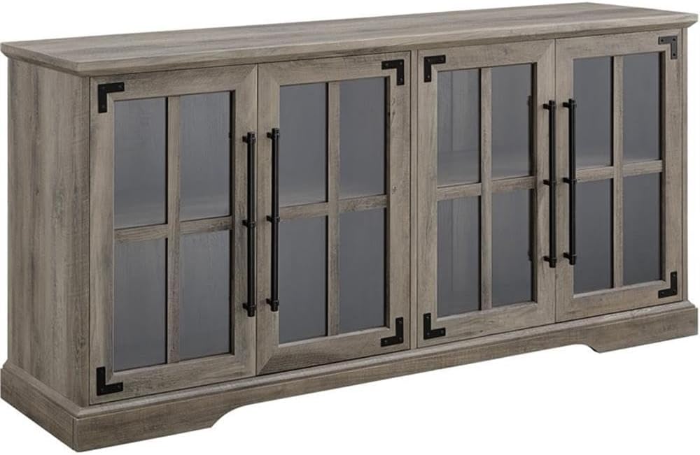 Pemberly Row Farmhouse 4 Door Wood TV Stand, Gray Wash Finish, Fits TVs up to 58', Adjustable Shelves, Cord Management, Tempered Glass Doors, Rustic Handles, Metal Accents, 28'H x 16'W x 58'D Media