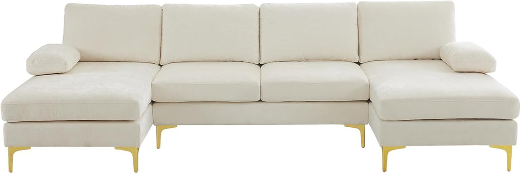 VINGLI 110' Large U-Shape Sectional Sofa Couch with 51' D Double Chaise for Living Room, Modern Sectional Couch Set with Soft 5.9' Thickness Seating Padding, Chenille Fabric,Metal Gold Legs(Beige)