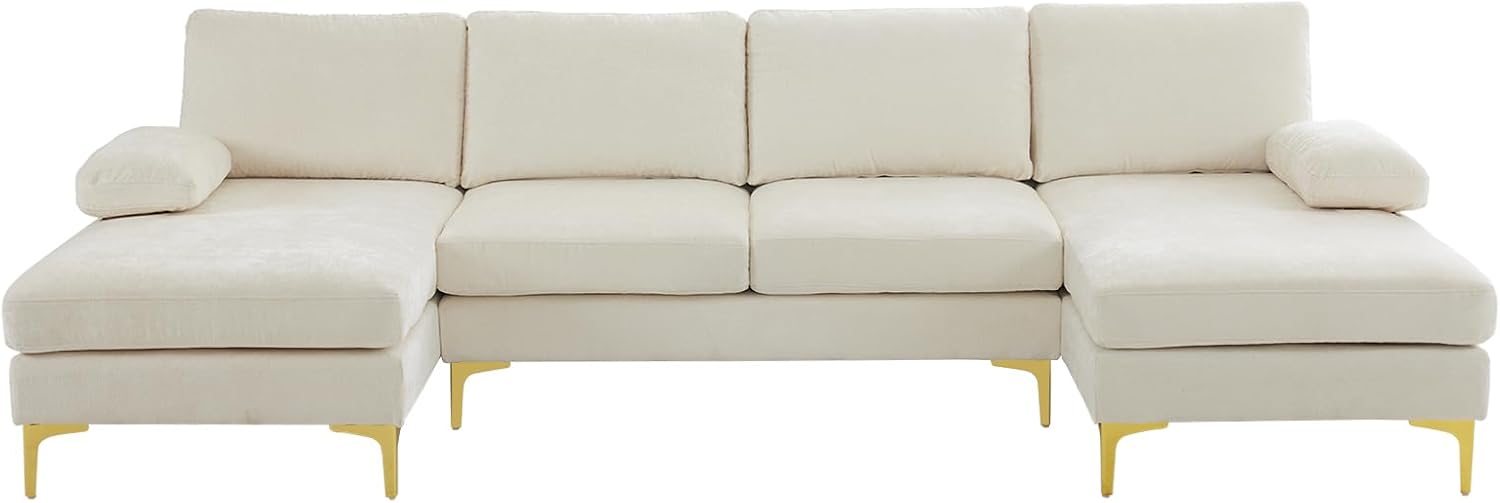 VINGLI 110' Large U-Shape Sectional Sofa Couch with 51' D Double Chaise for Living Room, Modern Sectional Couch Set with Soft 5.9' Thickness Seating Padding, Chenille Fabric,Metal Gold Legs(Beige)