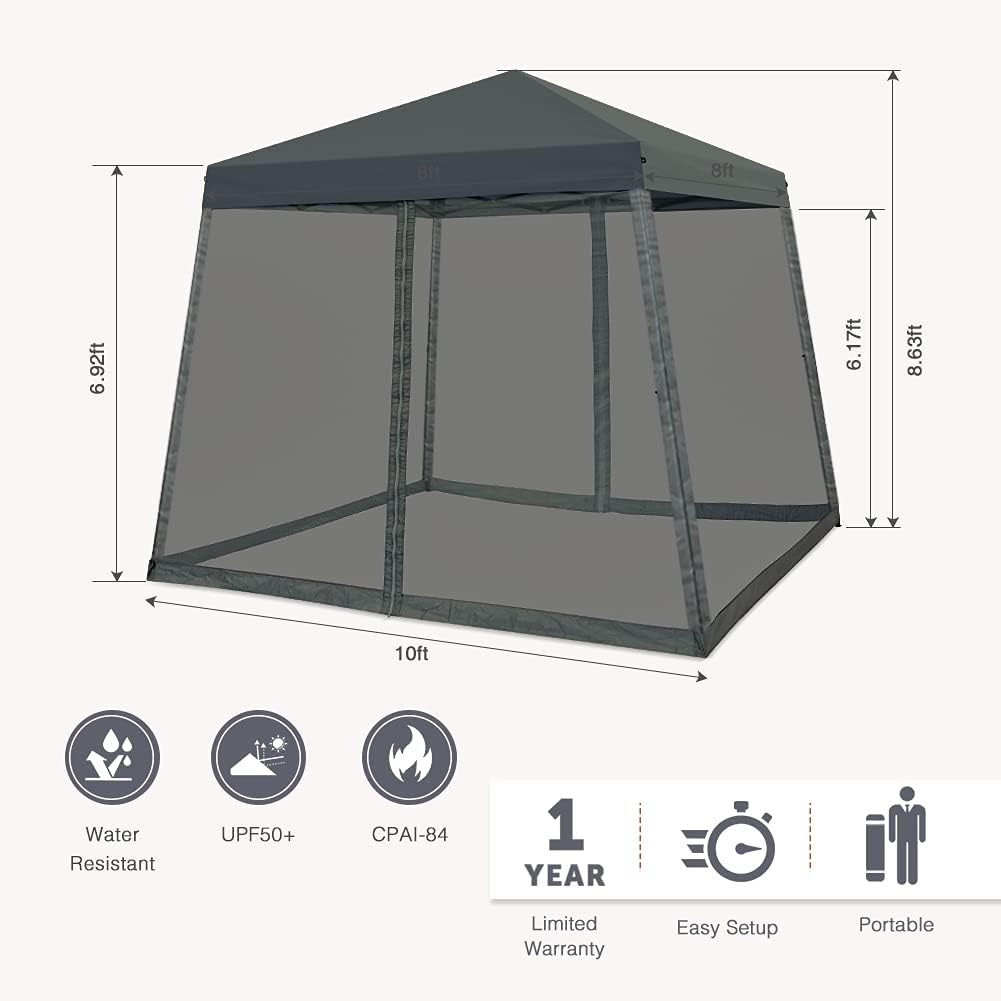 COOS BAY 10x10 Pop Up Canopy Tent with Screen Netting, Slant Leg Canopy with UPF 50+ UV Protection, 64 Sq Ft Shade, One Person Setup with Carry Bag, Gray