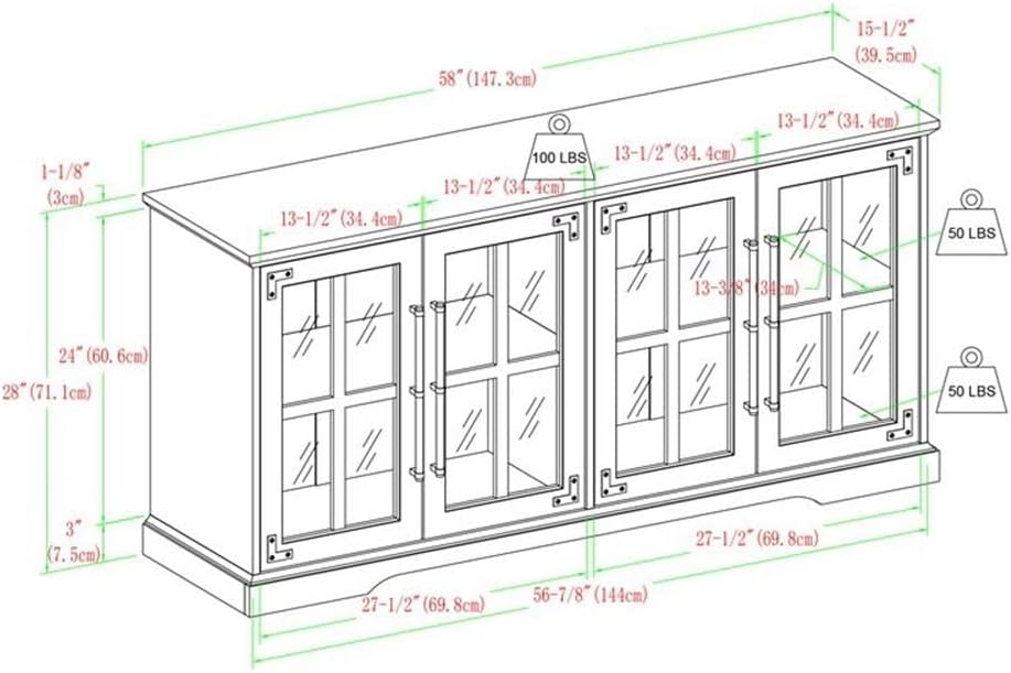 Pemberly Row 58' 4-Glass Door TV Stand Console, Brushed White and Rustic Oak Finish, Adjustable Shelves, Cord Management, Soft Close Hinges, Farmhouse Media Console for Living Room, Fits up to 64' TV