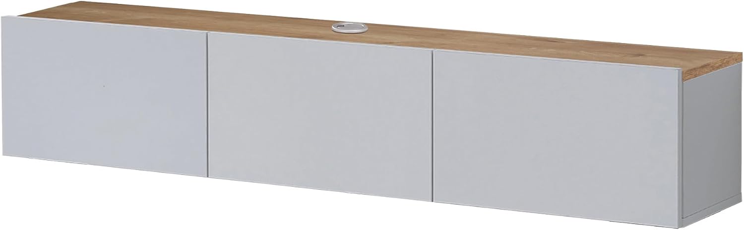 Atelier Mobili Floating TV Stand - Wall Mounted, Supports up to 80 inch TV, Modern White Entertainment Center for Living Room, White Floating TV Stand with Oak Counter Design