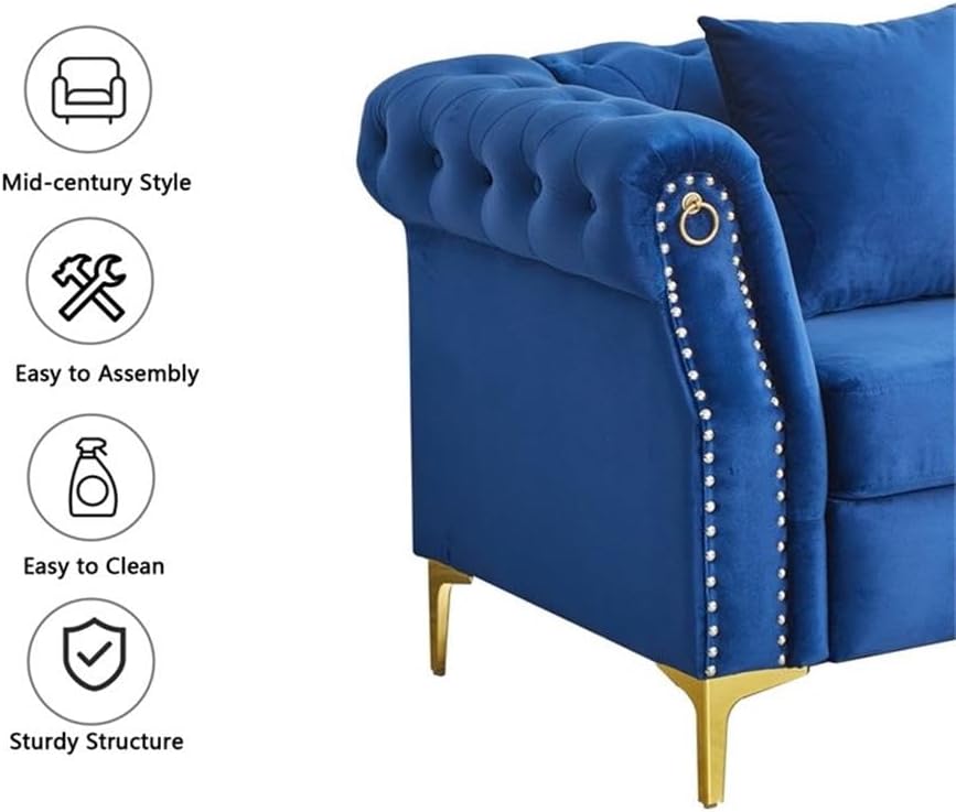 Pemberly Row 3-Piece Blue Velvet Living Room Sofa Set, Includes Sofa, Loveseat, Armchair, Button Tufted Upholstery, Gold Metal Legs, Nailhead Trim, Plush Cushions, Elegant Seating for Home or Upscale