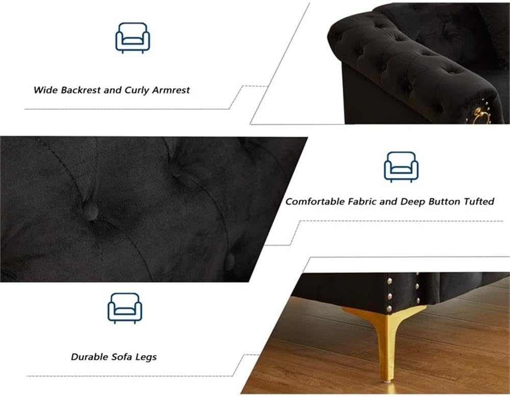 Pemberly Row 3-Piece Velvet Sofa Set, Black Upholstery with Gold Nailhead Trim, Includes Sofa, Loveseat, Armchair, Tufted Detailing, Rolled Arms, Gold Metal Legs, Living Room Furniture for Elegant
