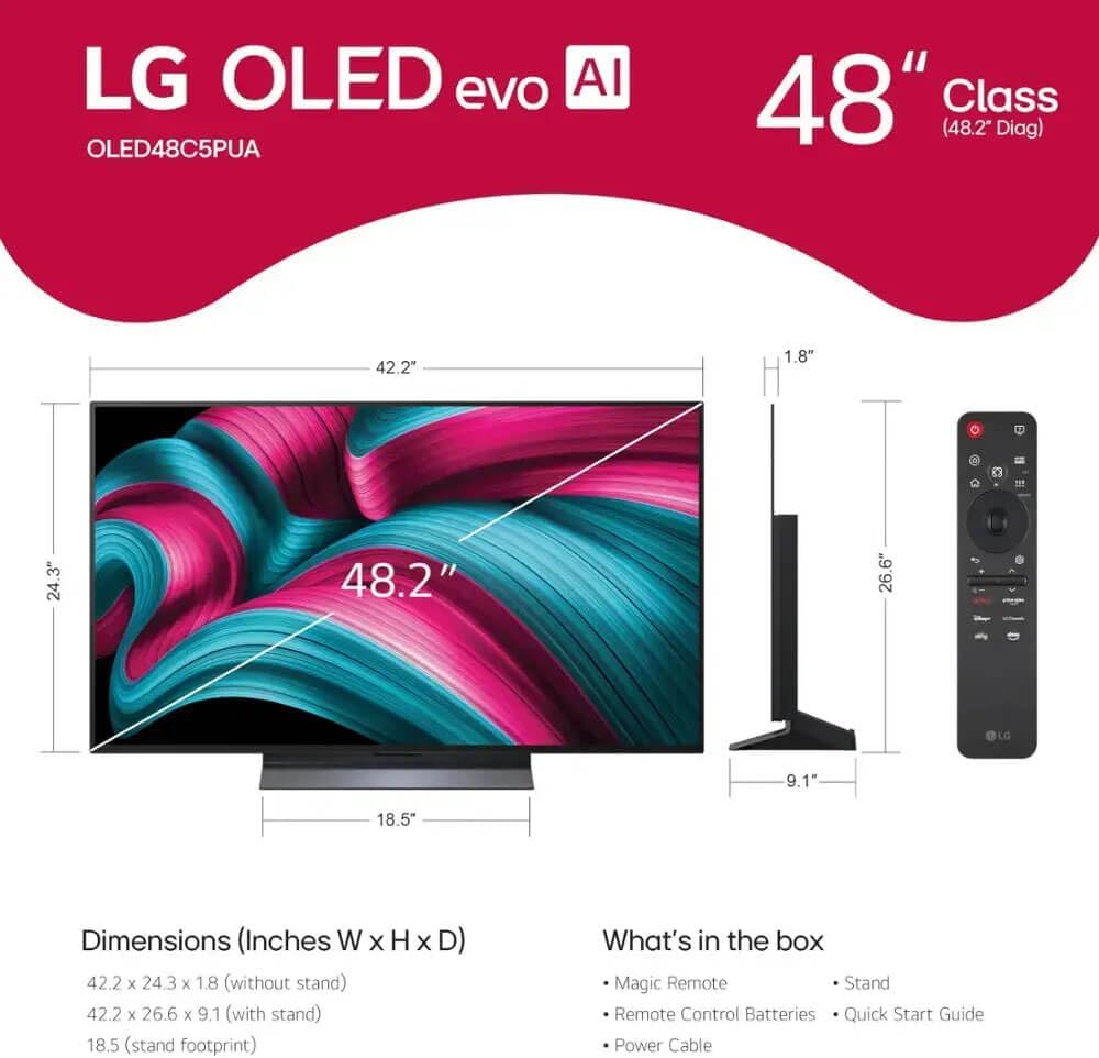 LG (Refurbished 48-Inch Class OLED evo AI 4K C5 Series Smart TV w/Dolby Atmos, Dolby Vision, HDR10, AI Super Upscaling 4K, Filmmaker Mode, Wow Orchestra, Alexa Built-in (OLED48C5PUA, 2025) (Renewed)