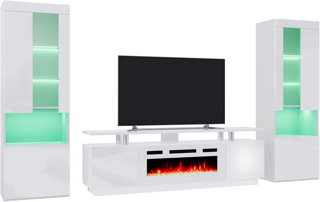 AMERLIFE Entertainment Center with 2-Tier Fireplace TV Stand, 2 x Modern High Gloss Bookshelves with LED Lights & Glass Doors, White