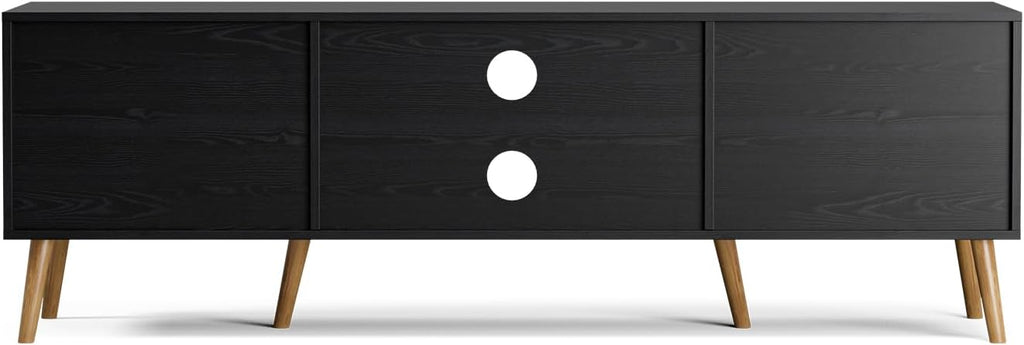 ZttRiee TV Stand for TVs up to 65'', Entertainment Center with Rattan Door, Shelves & 2 Cabinets, Boho Media TV Console for Living Room, Bedroom, Black