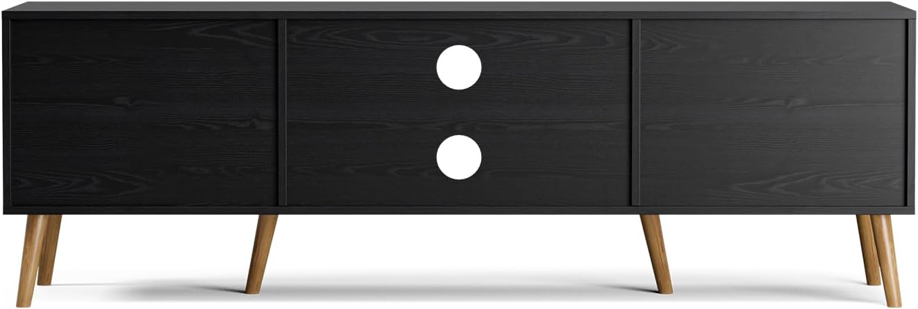 ZttRiee TV Stand for TVs up to 65'', Entertainment Center with Rattan Door, Shelves & 2 Cabinets, Boho Media TV Console for Living Room, Bedroom, Black