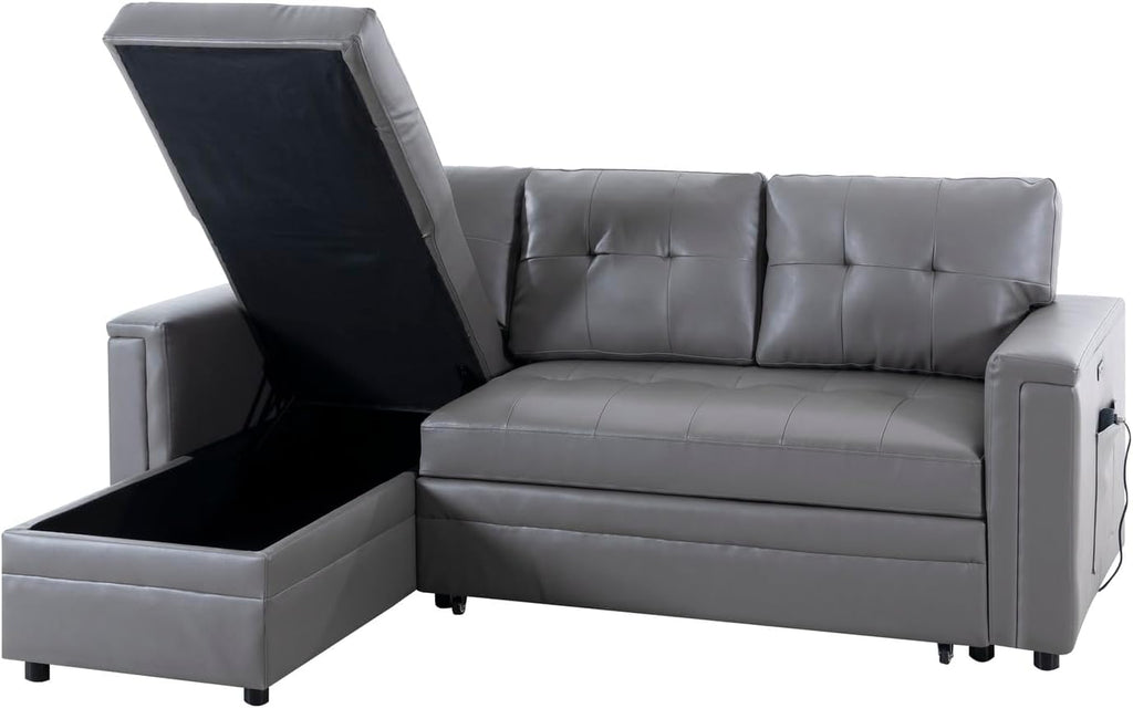 Naomi Home L-Shaped Sectional Sleeper Sofa with USB Ports - Convertible Pull-Out Bed, Ample Storage, Timeless Design, Durable Construction Gray/Air Leather