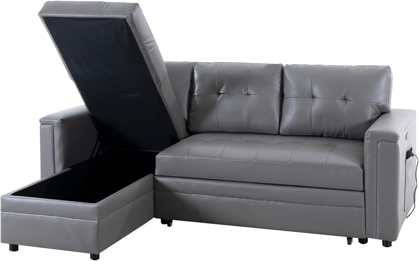 Naomi Home L-Shaped Sectional Sleeper Sofa with USB Ports - Convertible Pull-Out Bed, Ample Storage, Timeless Design, Durable Construction Gray/Air Leather
