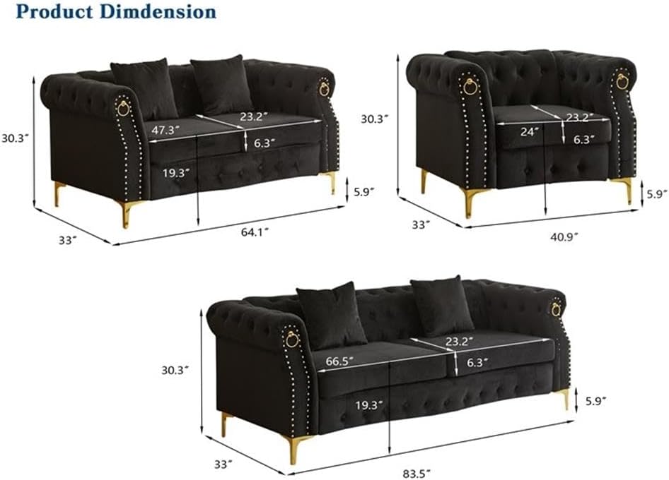 Pemberly Row 3-Piece Velvet Sofa Set, Black Upholstery with Gold Nailhead Trim, Includes Sofa, Loveseat, Armchair, Tufted Detailing, Rolled Arms, Gold Metal Legs, Living Room Furniture for Elegant