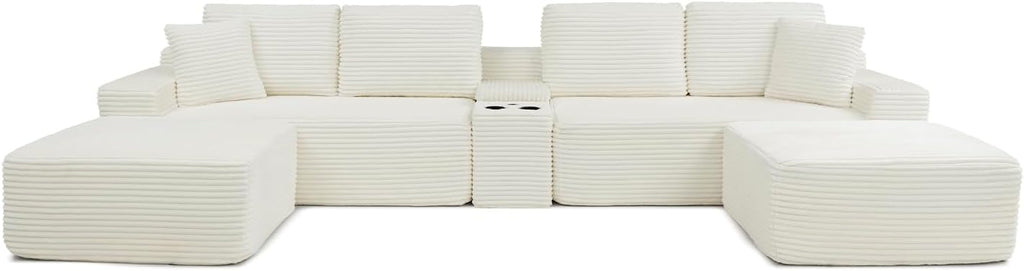 150' Oversized Modular Sectional Sofa, Deep Seat Cloud L-Shape Corduroy Couch with Cup Holders, USB Ports, Wireless Charging & Storage Box, Upholstered Modular Sleeper Sofa for Living Room (Beige)