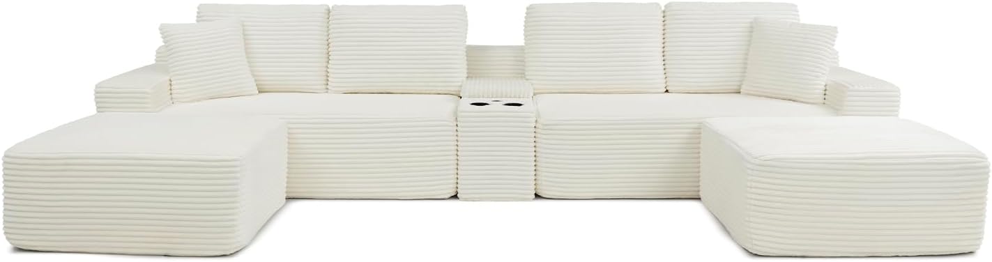 150' Oversized Modular Sectional Sofa, Deep Seat Cloud L-Shape Corduroy Couch with Cup Holders, USB Ports, Wireless Charging & Storage Box, Upholstered Modular Sleeper Sofa for Living Room (Beige)