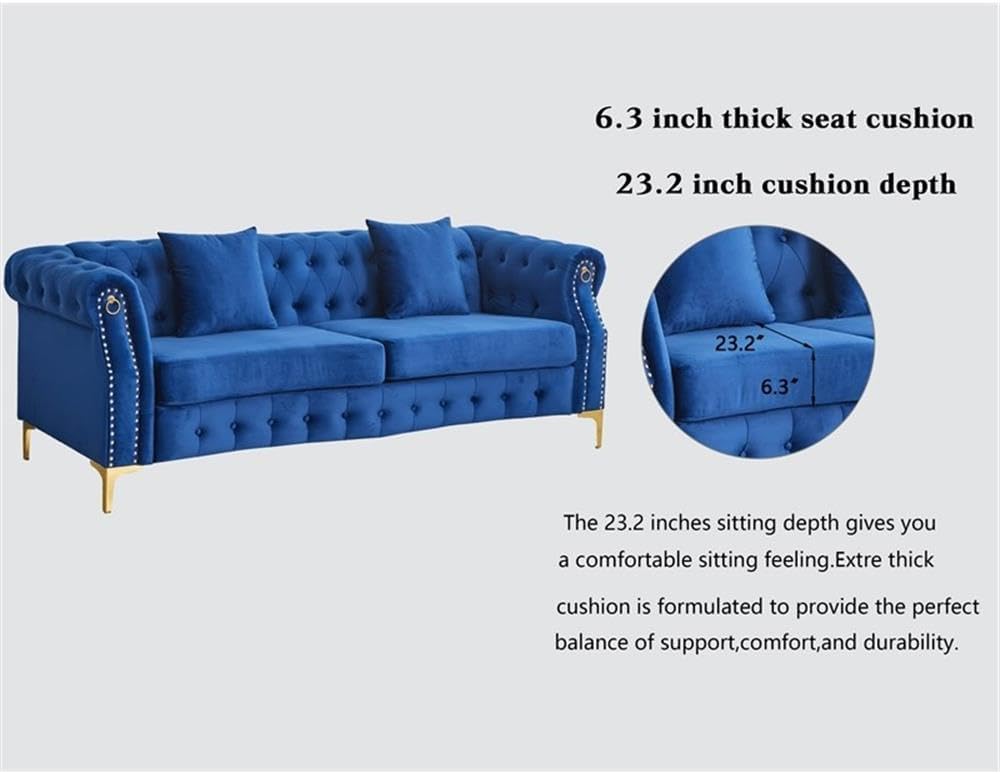 Pemberly Row 3-Piece Blue Velvet Living Room Sofa Set, Includes Sofa, Loveseat, Armchair, Button Tufted Upholstery, Gold Metal Legs, Nailhead Trim, Plush Cushions, Elegant Seating for Home or Upscale