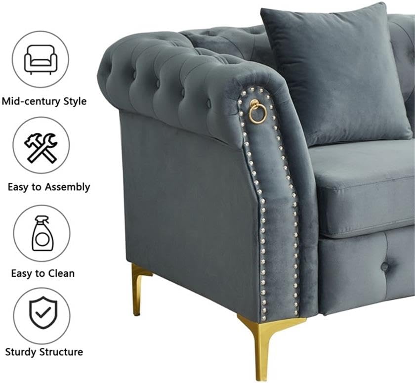Pemberly Row 3-Piece Living Room Sofa Set, Velvet Upholstery, Gray with Golden Rivets, Includes Sofa, Loveseat, Armchair, Button Tufted, Nailhead Trim, Modern Chesterfield Style, Comfortable Seating