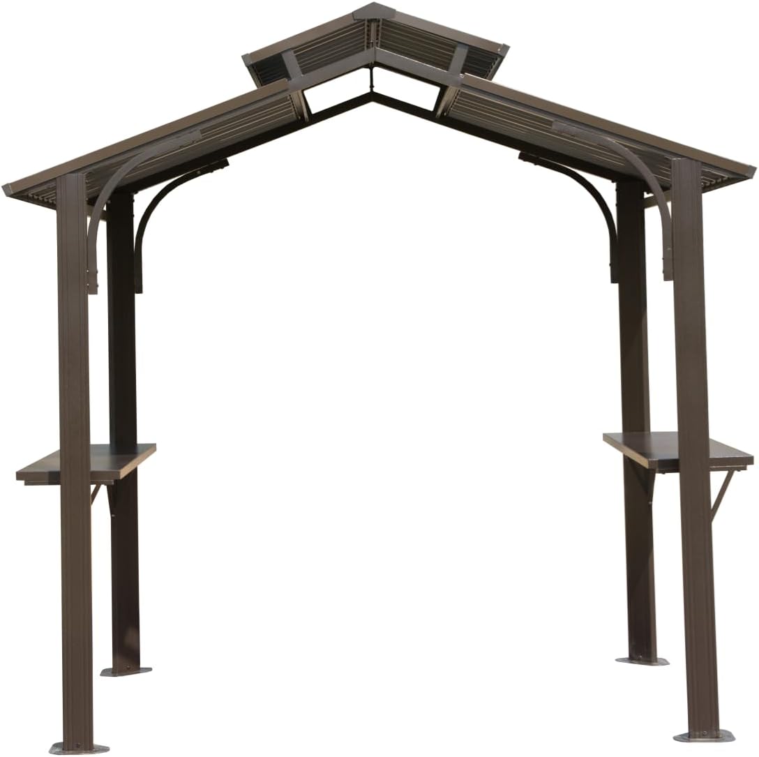 8×5FT Hardtop Grill Gazebo, Outdoor BBQ Gazebo w,Galvanized Steel Double Roof, Permanent Sun Shade Grill Canopy with 2 Side Shelves and Ceiling Hook for Patio Deck Yard G(Brown)