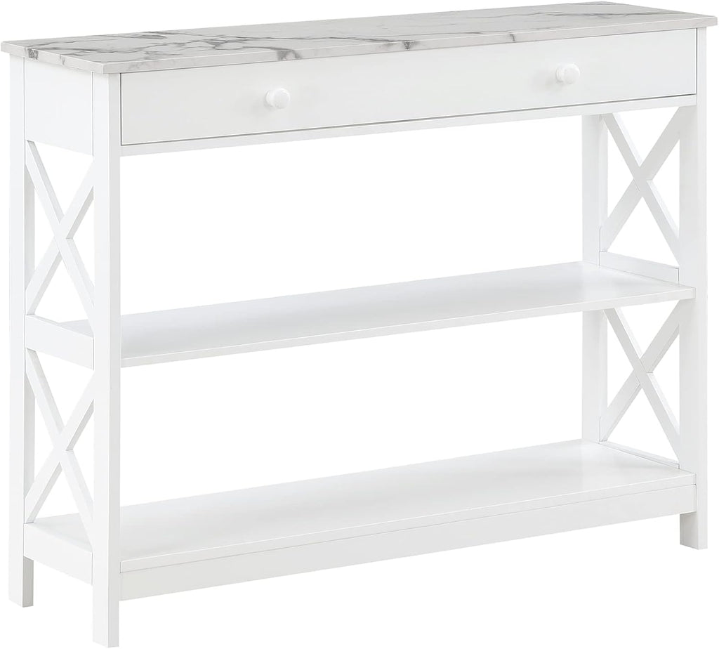 Convenience Concepts Oxford 1 Drawer Console Table with Shelves, White Faux Marble/White