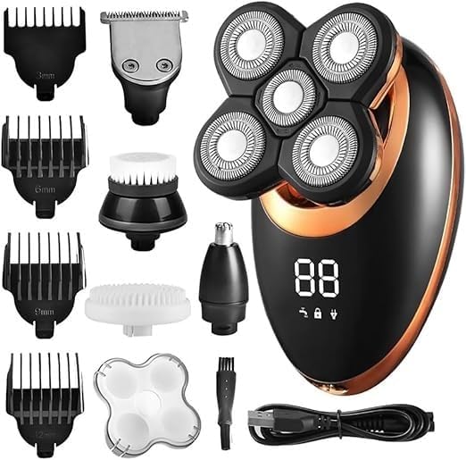 Electric Shavers for Men, 5 in 1 IPX7 Waterproof Electric Shaver Razor for Men Beard Hair Trimmer Rechargeable Bald Head Shaving Machine LCD Display Grooming Kit