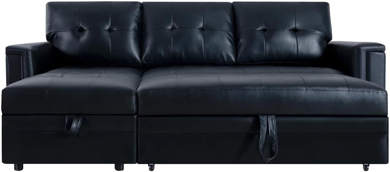 Naomi Home L-Shaped Sectional Sleeper Sofa with USB Ports - Convertible Pull-Out Bed, Ample Storage, Timeless Design, Durable Construction Black/Air Leather