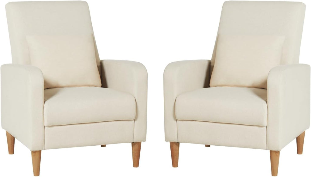 COLAMY Mid-Century Modern Upholstered Accent Chair with Back Pillow & Solid Wood Legs, Fabric Cozy Armchair for Living Room, Bedroom, Reading Nook, Apartment & Small Spaces, Beige