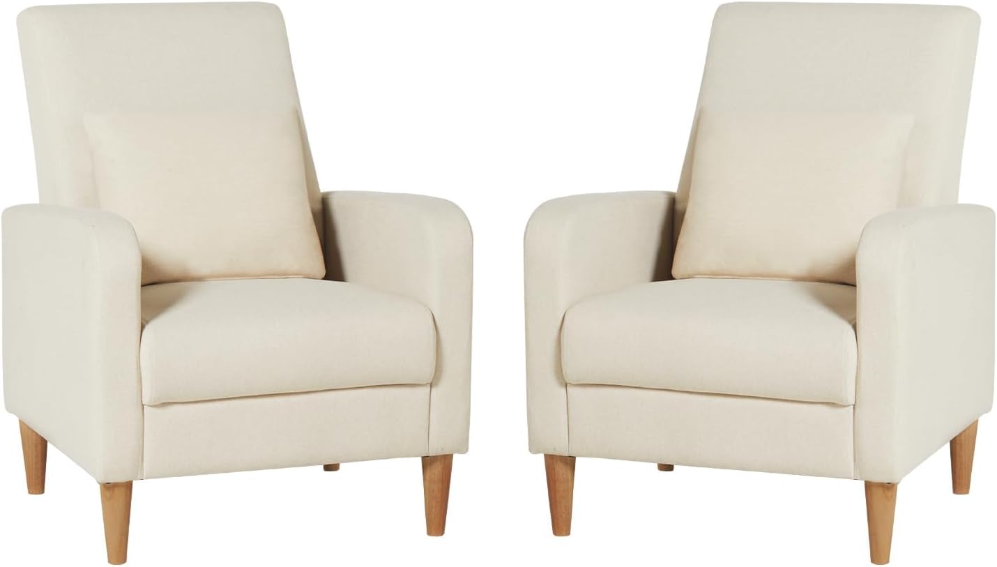 COLAMY Mid-Century Modern Upholstered Accent Chair with Back Pillow & Solid Wood Legs, Fabric Cozy Armchair for Living Room, Bedroom, Reading Nook, Apartment & Small Spaces, Beige