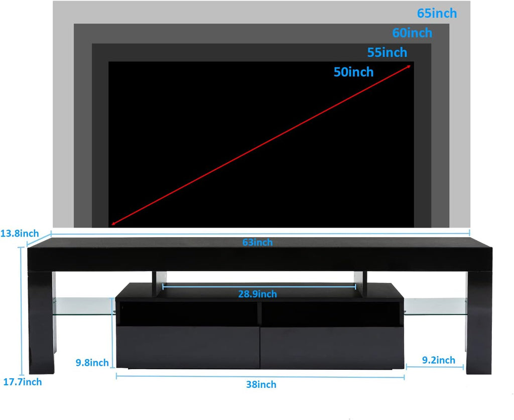 Squireewo TV Stand with 16 Color LED Lights, Media Console with Drawer and Glass Open Shelf for 60/65/70 inch TV, Modern Gloss Entertainment Center for Living Room, Black
