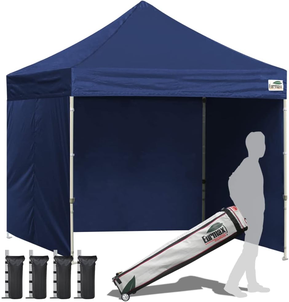 Eurmax USA 8x8 Pop Up Canopy Tent,Commercial Tent with Patented No-Tip Rolling Bag,4 Zippered Removable Walls,UV & Water Resistant Canopy Top,Heavy Duty Outdoor Gazebo,Instant Shelter(Navy Blue)