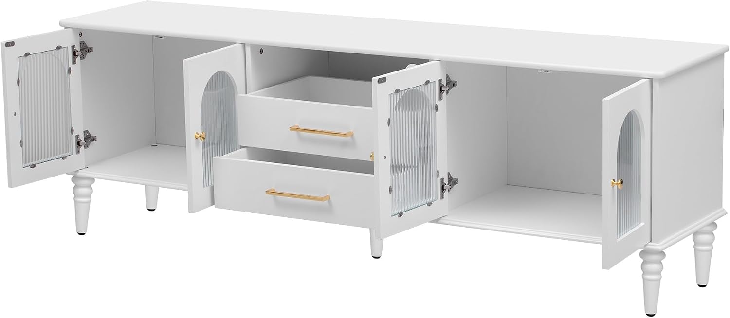 Retro TV Stand for TVs up to 75 Inches, Entertainment Center Media Console with Fluted Glass Doors and Five Solid Wood Legs for Living Room