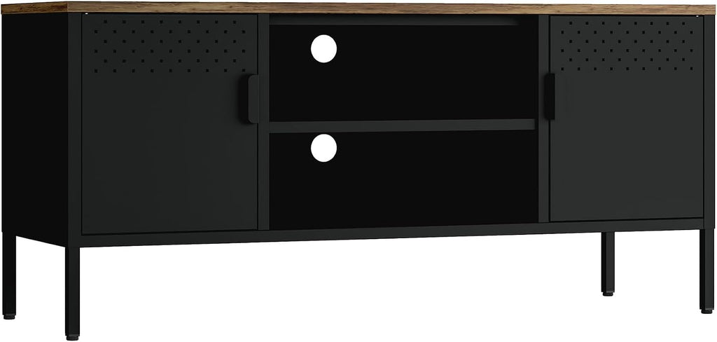 Manhattan Comfort Landen 47' Modern Metal TV Stand with Storage Cabinets & Open Shelves, Holds Up to 40' Screen, TV Console with Natural Wood Top, Cable Management, Adjustable Legs, Black