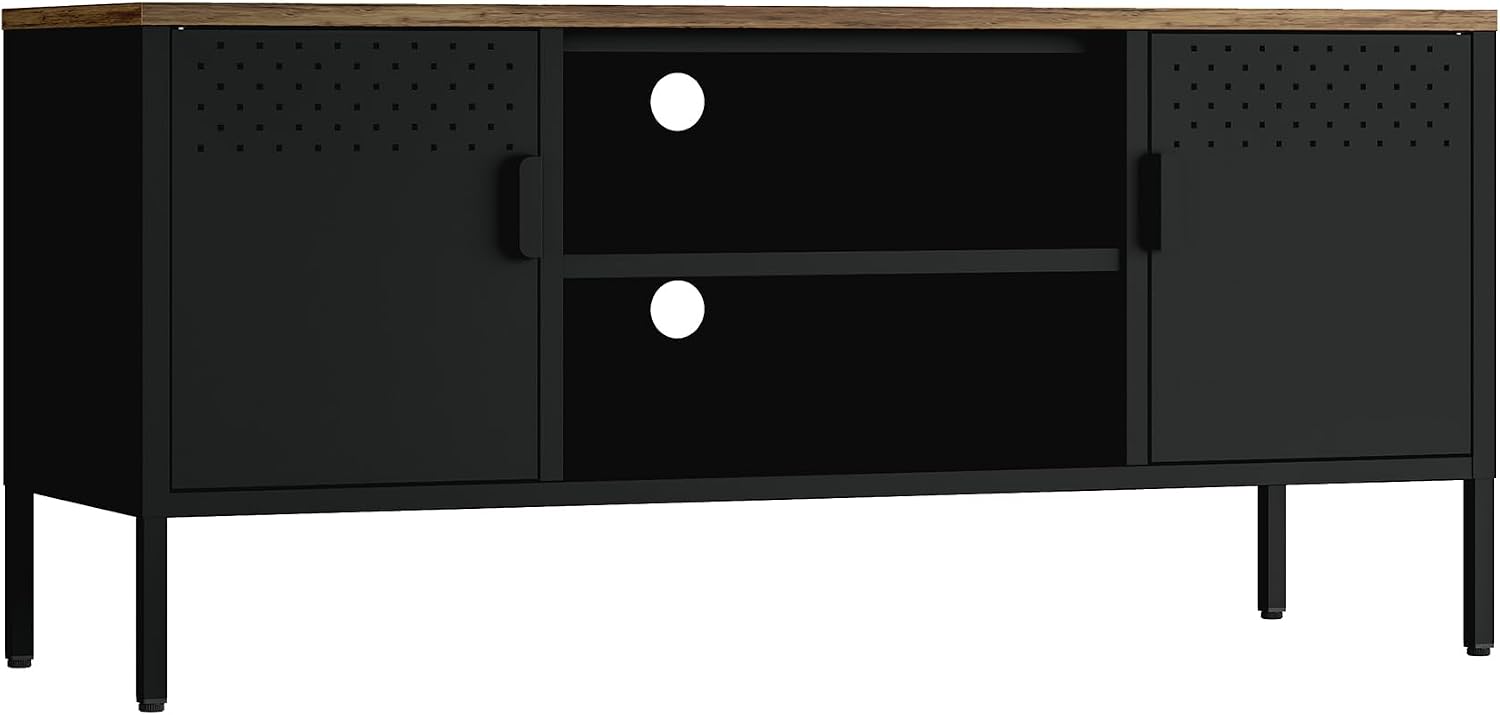 Manhattan Comfort Landen 47' Modern Metal TV Stand with Storage Cabinets & Open Shelves, Holds Up to 40' Screen, TV Console with Natural Wood Top, Cable Management, Adjustable Legs, Black