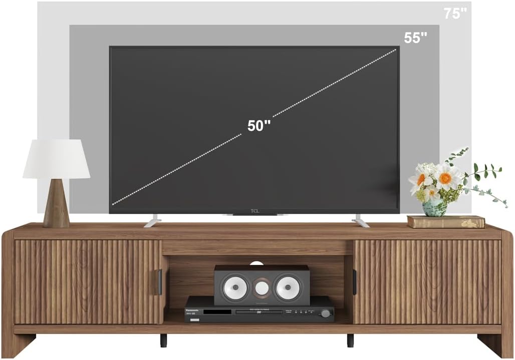 FATORRI TV Stand for 75/65/55 Inch TVs, Farmhouse Entertainment Center with Storage, Wood Waveform Fluted-Door Television Media Console for Living Room,Bedroom (63' W, Walnut)