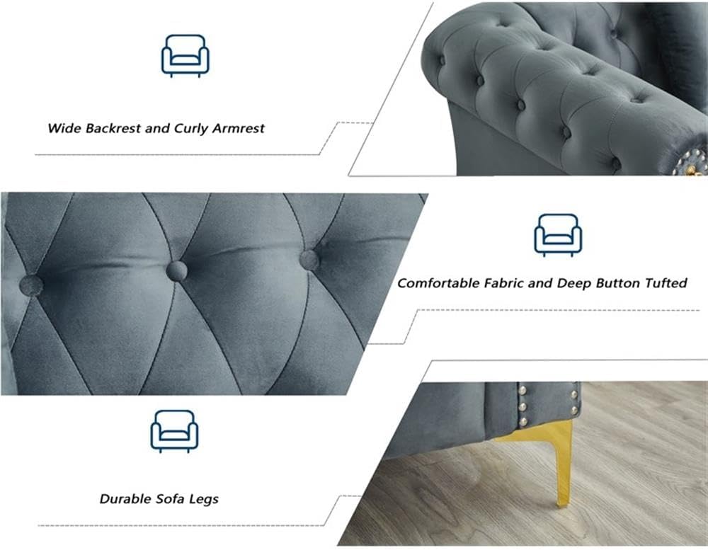 Pemberly Row 3-Piece Living Room Sofa Set, Velvet Upholstery, Gray with Golden Rivets, Includes Sofa, Loveseat, Armchair, Button Tufted, Nailhead Trim, Modern Chesterfield Style, Comfortable Seating
