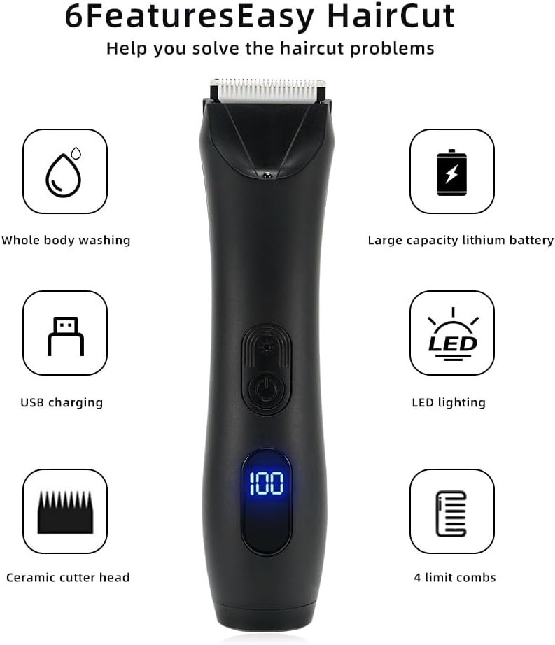 Hair Clippers for Men, Electric Body Trimmer and Shaver for Men Body Groomer Groin&Ball Pubic Hair Trimmer Replaceable Ceramic Blade IPX7 Waterproof, Black Set