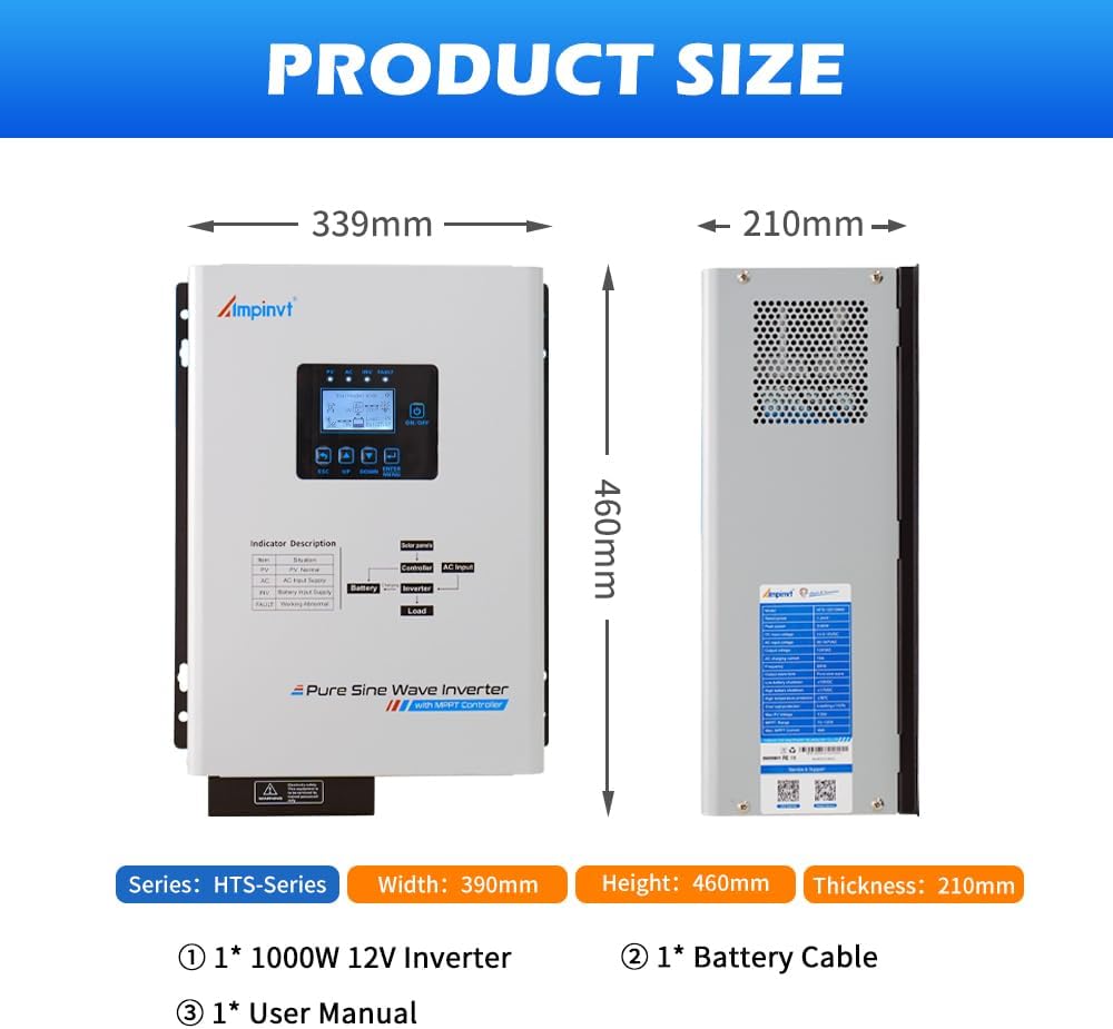 Ampinvt 1000W Low Frequency Pure sine Wave Solar Inverter, 12V DC to 120V AC with 30A MPPT Solar Controller & 15A Battery AC Charger, Compatible with Lifepo4 Battery for Home Backup,Off-Grid Living